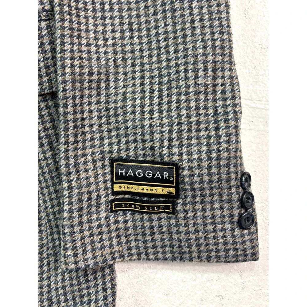 vtg NEW Haggar 42L Gray Blue‎ Houndstooth 100% Silk Blazer Jacket Sport Coat